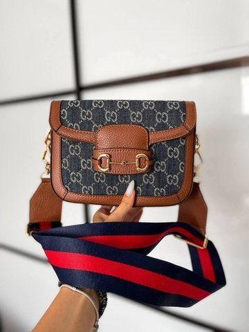 Жіноча сумка через плече Gucci / Гуччі, з канвасу, монограмний принт і широкий ремінець, темно-синя, Китай #art0135-221879 фото